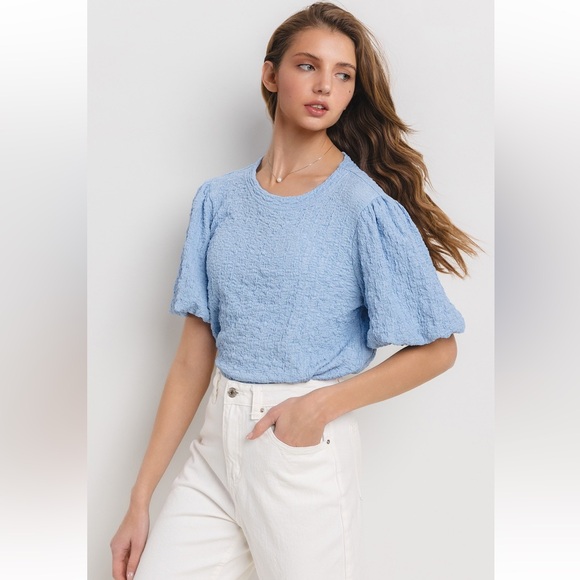 19 Solid Textured Puff Sleeve Blouse Top - Picture 2 of 6